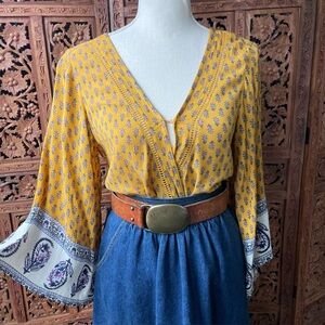 Bohemian Festival Bell Sleeve Floral Print Deep V-Neck Women's Blouse Top